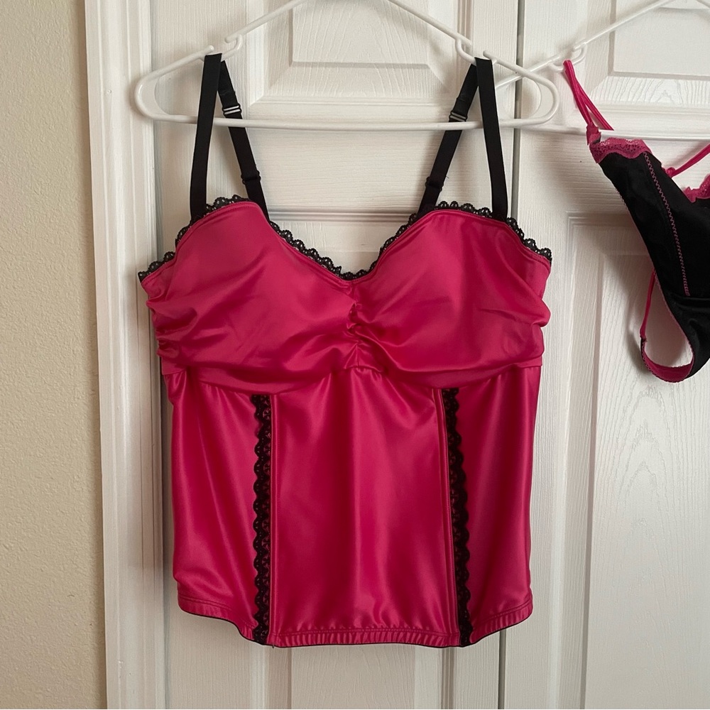 NWT Cacique Hot Pink and Black Lace Lingerie Corset and G-String
